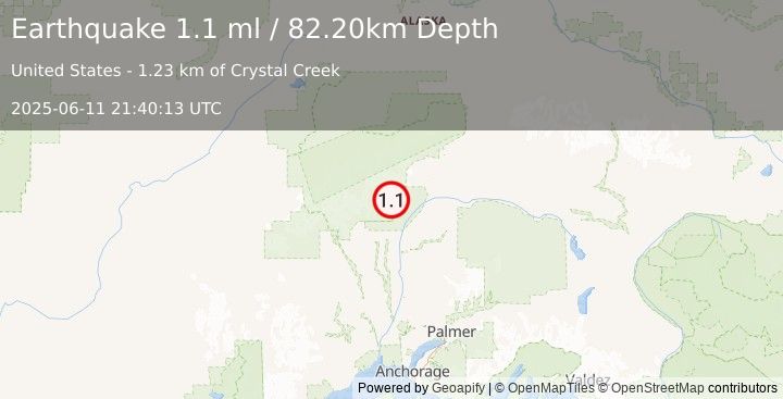 Earthquake 44 km NNE of Petersville, Alaska (1.1 ml) (2025-06-11 21:40:13 UTC)