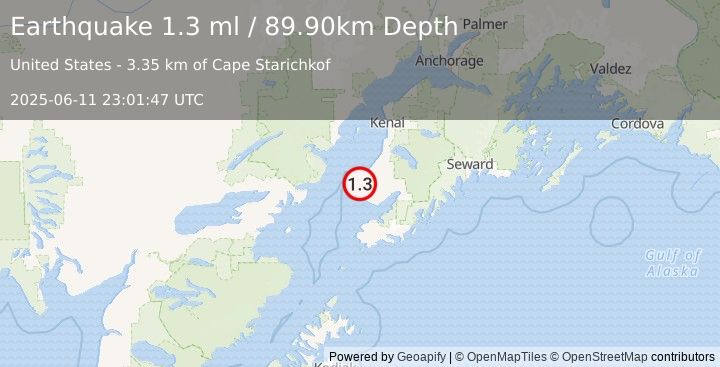 Earthquake 9 km SW of Happy Valley, Alaska (1.3 ml) (2025-06-11 23:01:47 UTC)