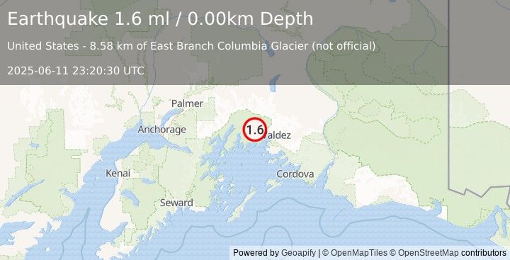 Earthquake 36 km WNW of Valdez, Alaska (1.6 ml) (2025-06-11 23:20:30 UTC)