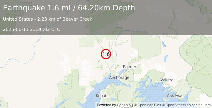 Earthquake 28 km ENE of Skwentna, Alaska (1.6 ml) (2025-06-11 23:30:02 UTC)