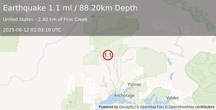 Earthquake 20 km NW of Petersville, Alaska (1.1 ml) (2025-06-12 02:03:10 UTC)