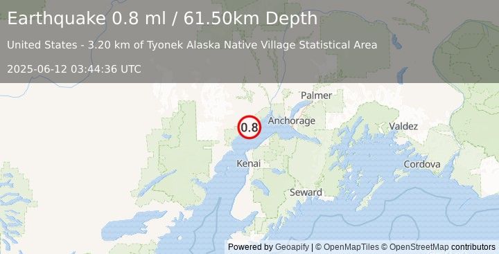 Earthquake 7 km NW of Tyonek, Alaska (0.8 ml) (2025-06-12 03:44:36 UTC)