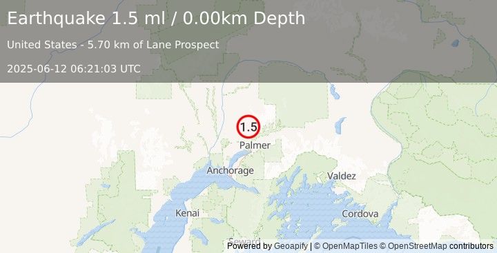Earthquake 15 km NNW of Fishhook, Alaska (1.5 ml) (2025-06-12 06:21:03 UTC)