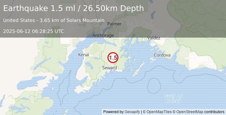 Earthquake 9 km ENE of Crown Point, Alaska (1.5 ml) (2025-06-12 06:28:25 UTC)