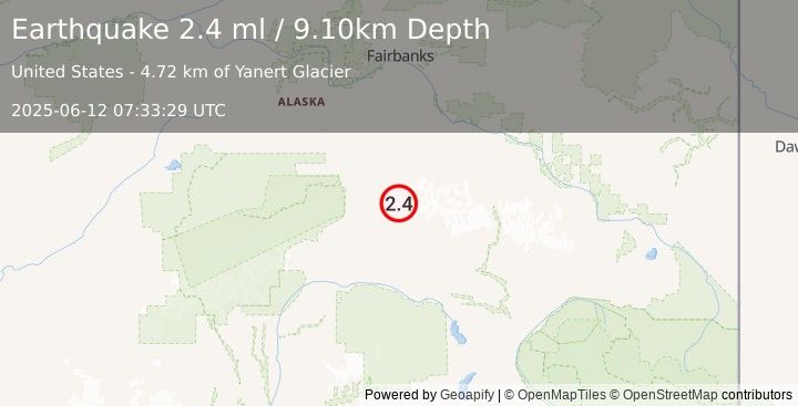 Earthquake 61 km ESE of Denali Park, Alaska (2.4 ml) (2025-06-12 07:33:29 UTC)