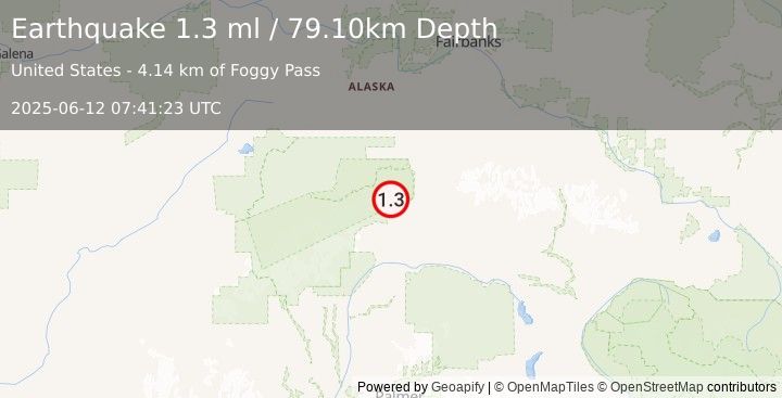 Earthquake 17 km WNW of Cantwell, Alaska (1.3 ml) (2025-06-12 07:41:23 UTC)