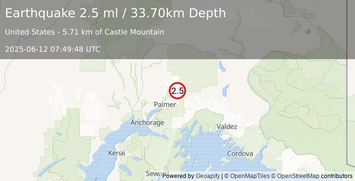 Earthquake 11 km NNW of Chickaloon, Alaska (2.5 ml) (2025-06-12 07:49:48 UTC)