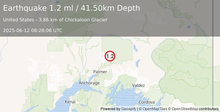 Earthquake 37 km N of Chickaloon, Alaska (1.2 ml) (2025-06-12 08:28:06 UTC)