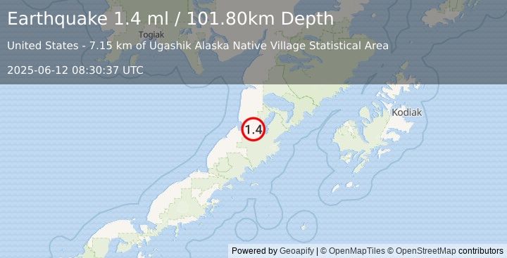 Earthquake 12 km E of Ugashik, Alaska (1.4 ml) (2025-06-12 08:30:37 UTC)