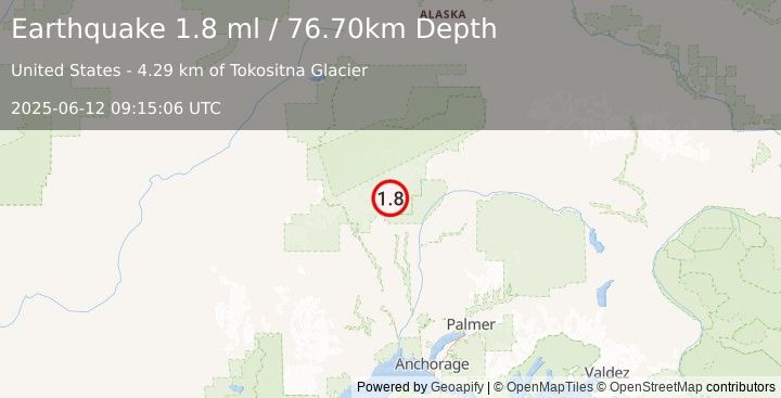 Earthquake 31 km N of Petersville, Alaska (1.8 ml) (2025-06-12 09:15:06 UTC)