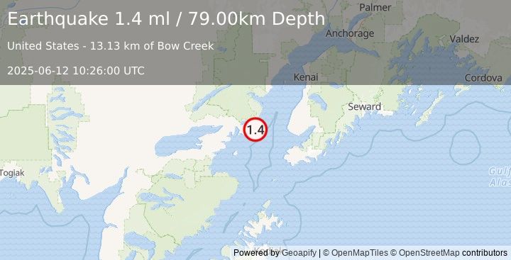 Earthquake 55 km W of Anchor Point, Alaska (1.4 ml) (2025-06-12 10:26:00 UTC)