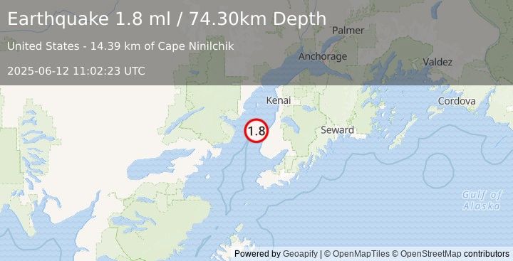 Earthquake 15 km WNW of Ninilchik, Alaska (1.8 ml) (2025-06-12 11:02:23 UTC)