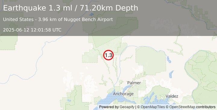 Earthquake 12 km WNW of Petersville, Alaska (1.3 ml) (2025-06-12 12:01:58 UTC)