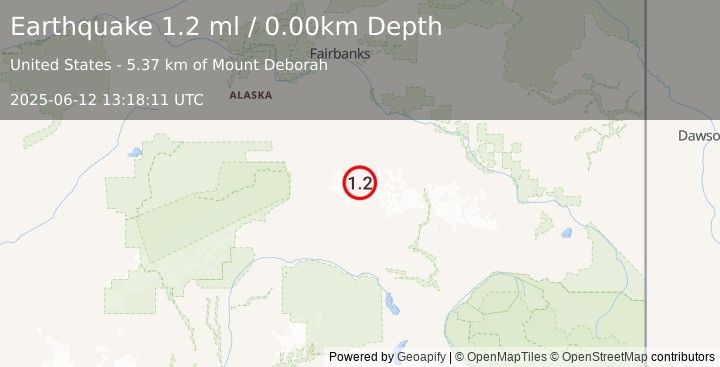 Earthquake 82 km ESE of Denali Park, Alaska (1.2 ml) (2025-06-12 13:18:11 UTC)