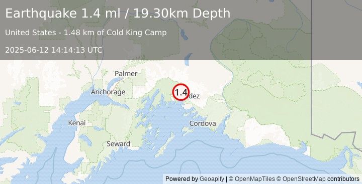 Earthquake 21 km WNW of Valdez, Alaska (1.4 ml) (2025-06-12 14:14:13 UTC)