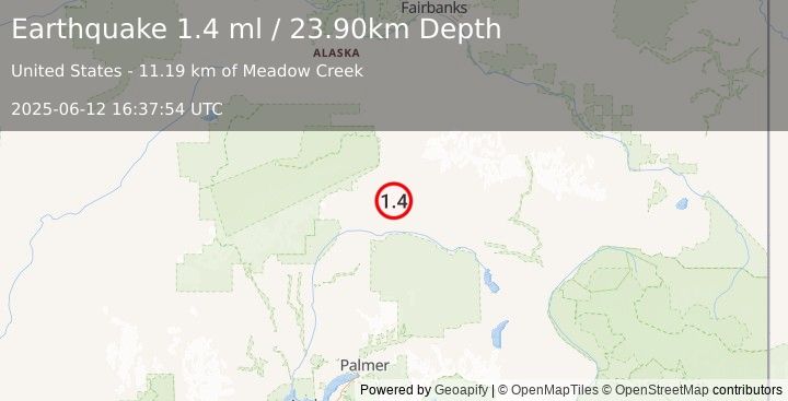 Earthquake 36 km SE of Cantwell, Alaska (1.4 ml) (2025-06-12 16:37:54 UTC)