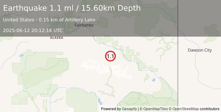 Earthquake 14 km WSW of Fort Greely, Alaska (1.1 ml) (2025-06-12 20:12:16 UTC)