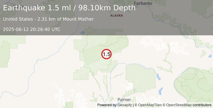 Earthquake 76 km ESE of Denali National Park, Alaska (1.5 ml) (2025-06-12 20:26:40 UTC)