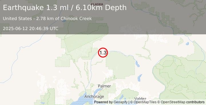 Earthquake 59 km NE of Chase, Alaska (1.3 ml) (2025-06-12 20:46:39 UTC)