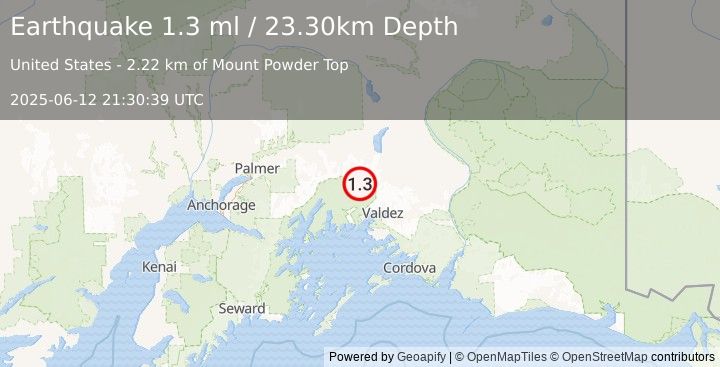 Earthquake 43 km NW of Valdez, Alaska (1.3 ml) (2025-06-12 21:30:39 UTC)