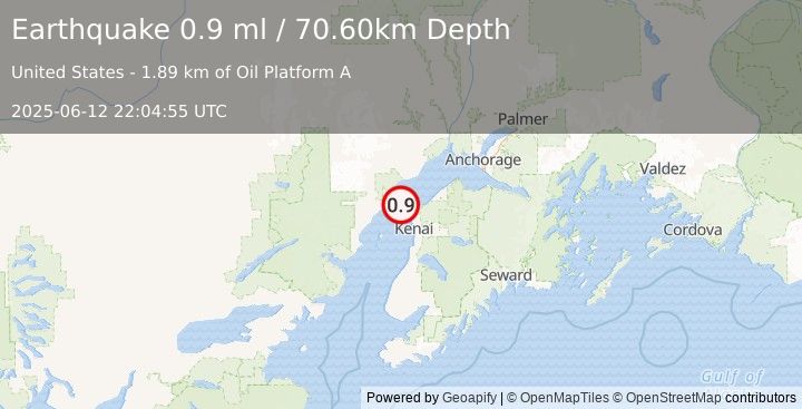 Earthquake 16 km NW of Nikiski, Alaska (0.9 ml) (2025-06-12 22:04:55 UTC)