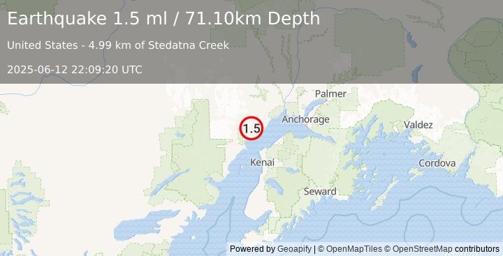 Earthquake 24 km W of Tyonek, Alaska (1.5 ml) (2025-06-12 22:09:20 UTC)