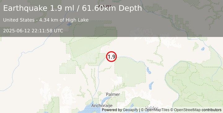 Earthquake 61 km SSW of Cantwell, Alaska (1.9 ml) (2025-06-12 22:11:58 UTC)