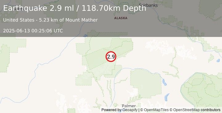 Earthquake 73 km WSW of Cantwell, Alaska (2.9 ml) (2025-06-13 00:25:06 UTC)