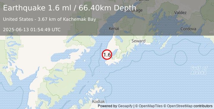 Earthquake 13 km WSW of Homer, Alaska (1.6 ml) (2025-06-13 01:54:49 UTC)