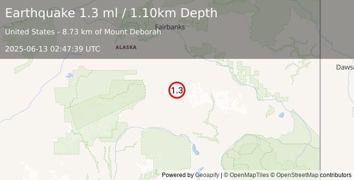 Earthquake 76 km ESE of Denali Park, Alaska (1.3 ml) (2025-06-13 02:47:39 UTC)