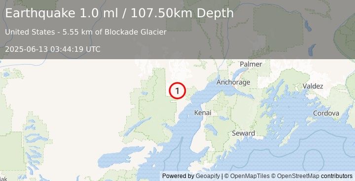 Earthquake 67 km W of Tyonek, Alaska (1.0 ml) (2025-06-13 03:44:19 UTC)