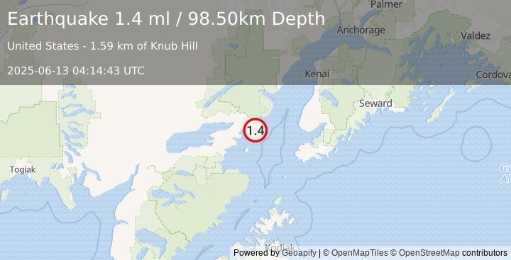 Earthquake 54 km ESE of Pedro Bay, Alaska (1.4 ml) (2025-06-13 04:14:43 UTC)