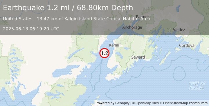 Earthquake 28 km NW of Ninilchik, Alaska (1.2 ml) (2025-06-13 06:19:20 UTC)