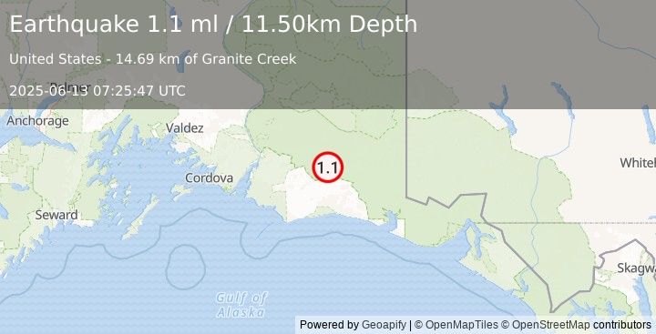 Earthquake 85 km S of McCarthy, Alaska (1.1 ml) (2025-06-13 07:25:47 UTC)