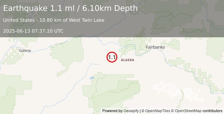 Earthquake 52 km S of Manley Hot Springs, Alaska (1.1 ml) (2025-06-13 07:37:10 UTC)