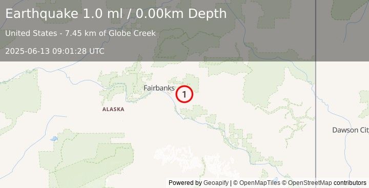 Earthquake 21 km SSE of Pleasant Valley, Alaska (1.0 ml) (2025-06-13 09:01:28 UTC)