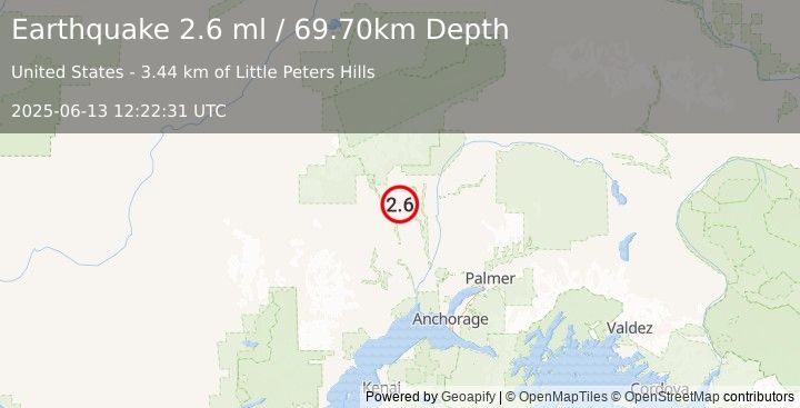 Earthquake 24 km SSW of Petersville, Alaska (2.6 ml) (2025-06-13 12:22:31 UTC)