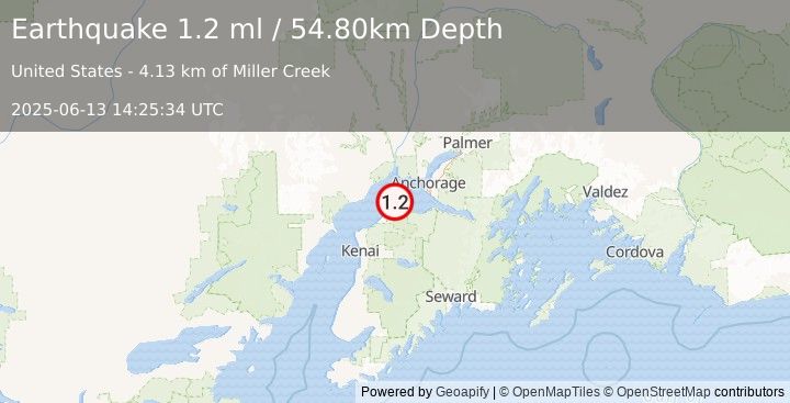 Earthquake 13 km NNE of Point Possession, Alaska (1.2 ml) (2025-06-13 14:25:34 UTC)