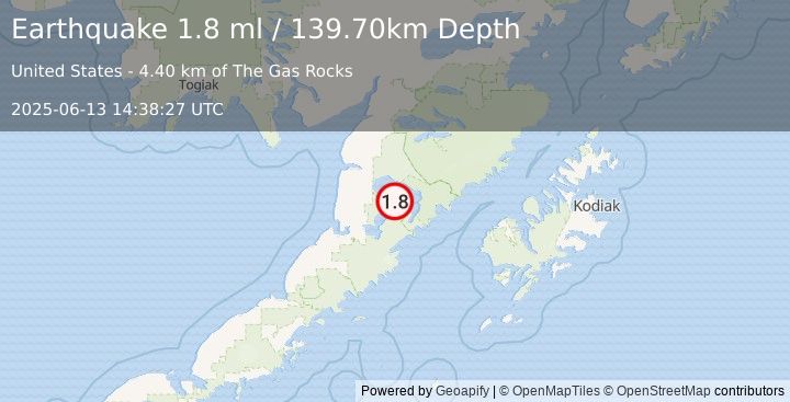 Earthquake 68 km SE of King Salmon, Alaska (2.1 ml) (2025-06-13 14:38:34 UTC)