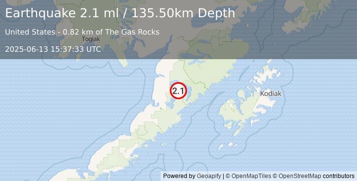 Earthquake 64 km NE of Ugashik, Alaska (2.6 ml) (2025-06-13 15:37:32 UTC)