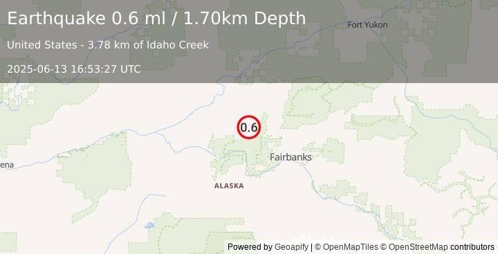 Earthquake 17 km ENE of Minto, Alaska (0.6 ml) (2025-06-13 16:53:27 UTC)