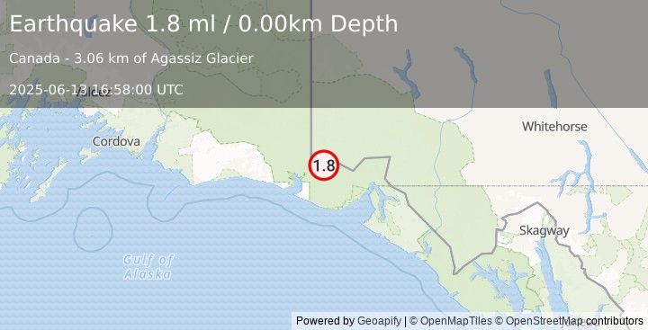Earthquake 95 km NW of Yakutat, Alaska (1.8 ml) (2025-06-13 16:58:00 UTC)