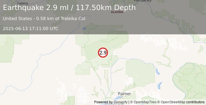 Earthquake 63 km N of Petersville, Alaska (2.9 ml) (2025-06-13 17:11:00 UTC)