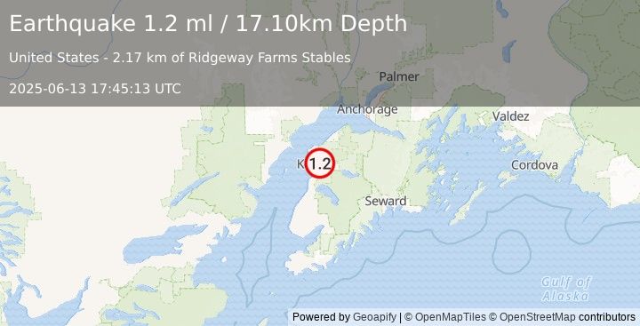 Earthquake 3 km NNE of Ridgeway, Alaska (1.2 ml) (2025-06-13 17:45:13 UTC)