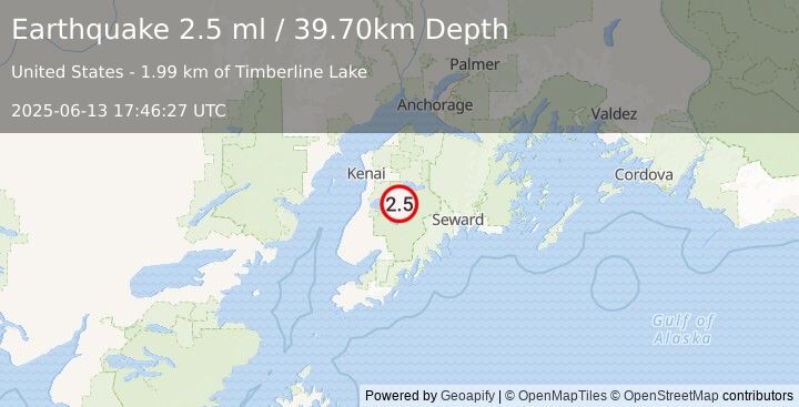 Earthquake 28 km SSE of Funny River, Alaska (2.5 ml) (2025-06-13 17:46:27 UTC)