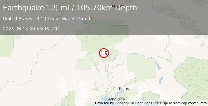 Earthquake 41 km N of Petersville, Alaska (1.9 ml) (2025-06-13 20:43:06 UTC)