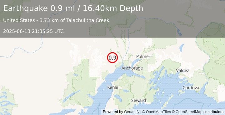 Earthquake 40 km W of Susitna, Alaska (0.9 ml) (2025-06-13 21:35:25 UTC)