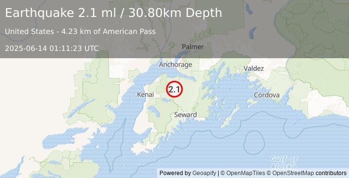 Earthquake 21 km NNW of Cooper Landing, Alaska (2.1 ml) (2025-06-14 01:11:23 UTC)