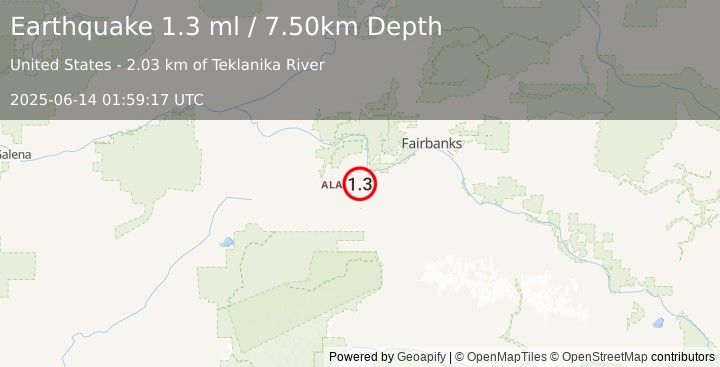 Earthquake 13 km NNW of Anderson, Alaska (1.3 ml) (2025-06-14 01:59:17 UTC)
