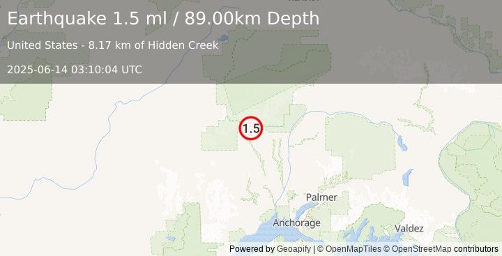 Earthquake 32 km WNW of Petersville, Alaska (1.5 ml) (2025-06-14 03:10:04 UTC)